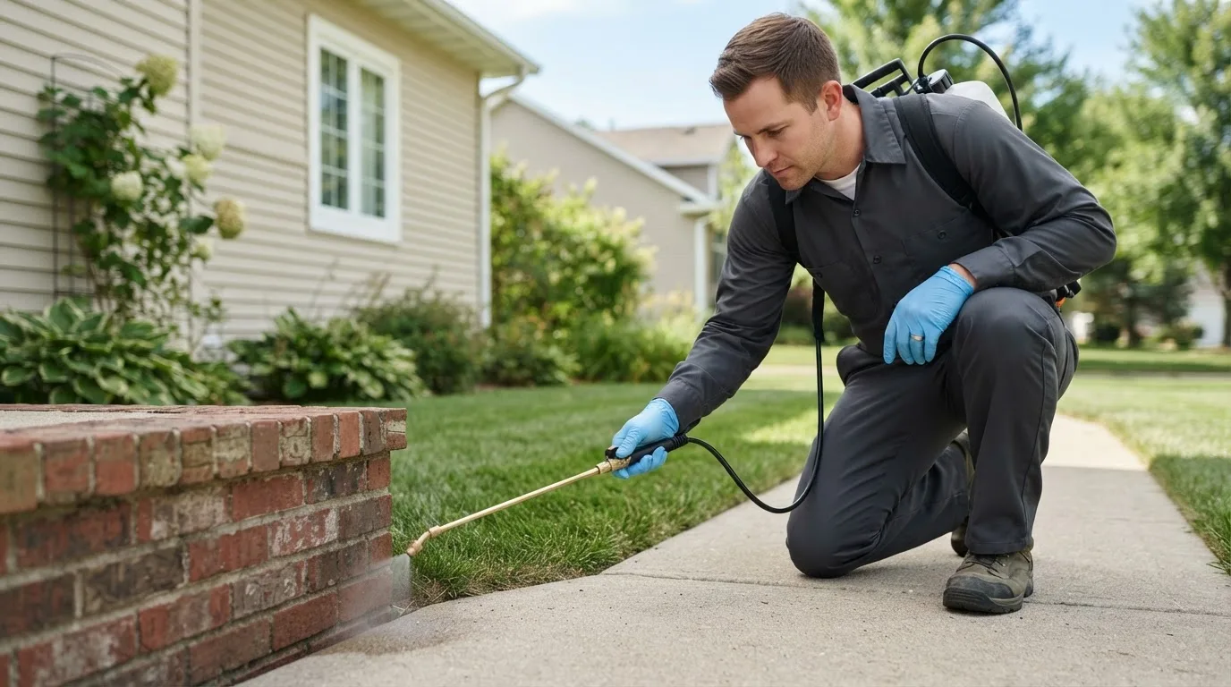 Pest control technician treating a home near Saint Donatus, IA