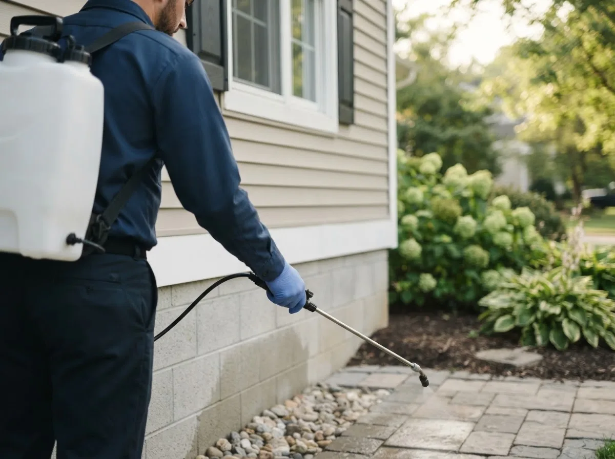 Pest control technician inspecting a home in Saint Donatus, IA